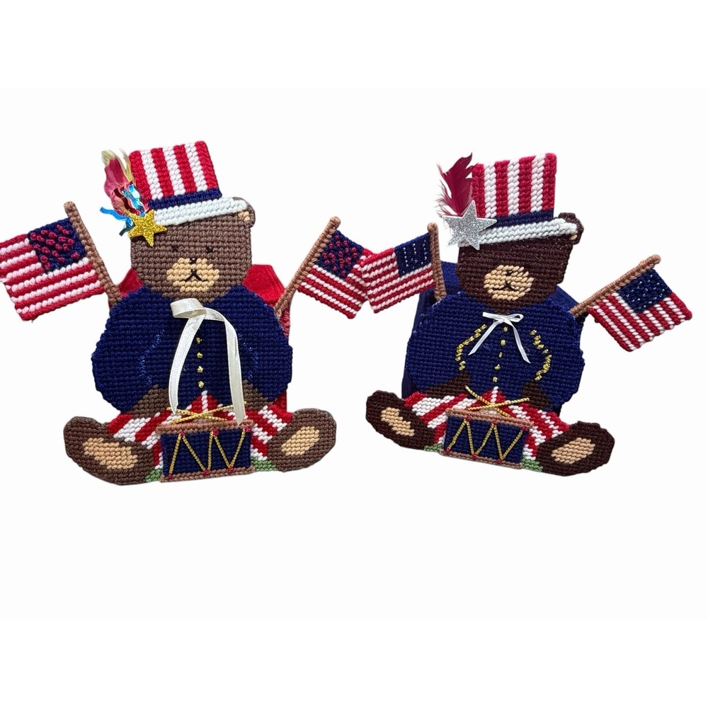 Vintage Handmade Patriotic Teddy Bear Tissue Box Cover‎ USA Flag 4th of July